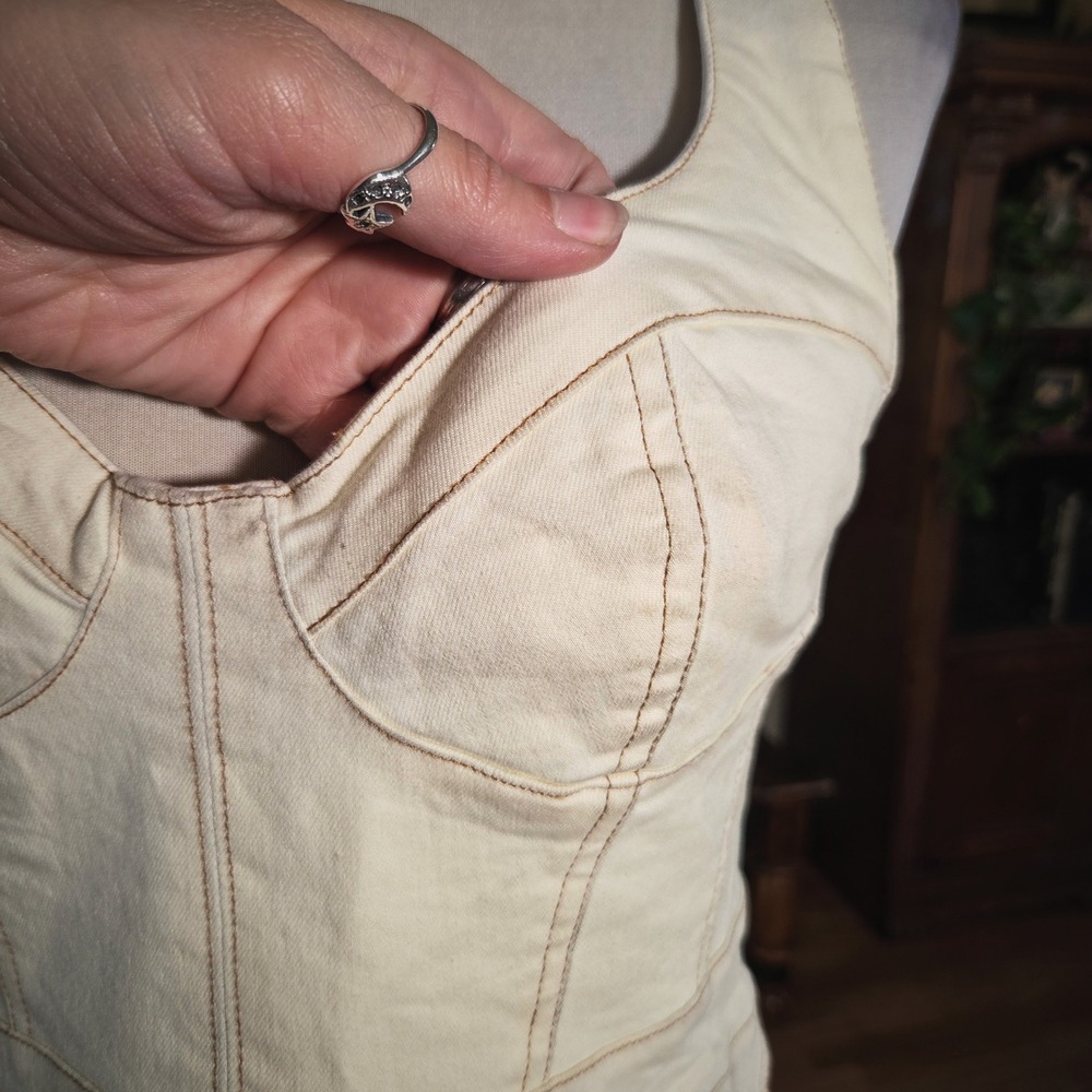 Urban Outfitters Cream Denim Halter Mini Dress Cargo Pocket Bustier Size L - Picture 6 of 8